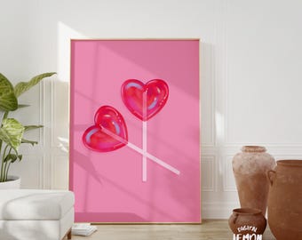Pink Heart Lollipop Print: Valentine's Day Candy Art (Digital Download)