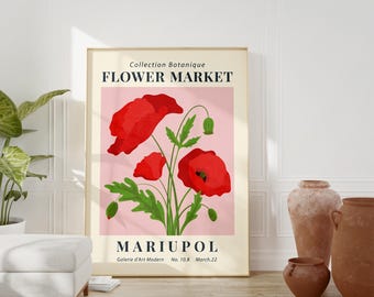 Flower Market Mariupol Print, Vintage Botanical Art, Red Poppy Floral Wall Art, Modern Poster, Instant Download Decor