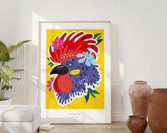 Lámina artística de gallo colorido: decoración abstracta de estilo rústico (descarga digital)