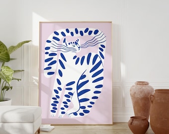 Blue Cat Wall Art, Modern Cat Print, Minimalist Animal Poster, Abstract Feline Artwork, Aesthetic Pet Decor, Contemporary Home Art