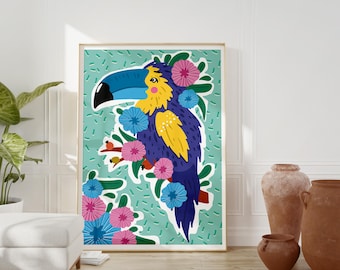 Arte murale colorata con tucano: stampa di uccelli tropicali (download digitale)