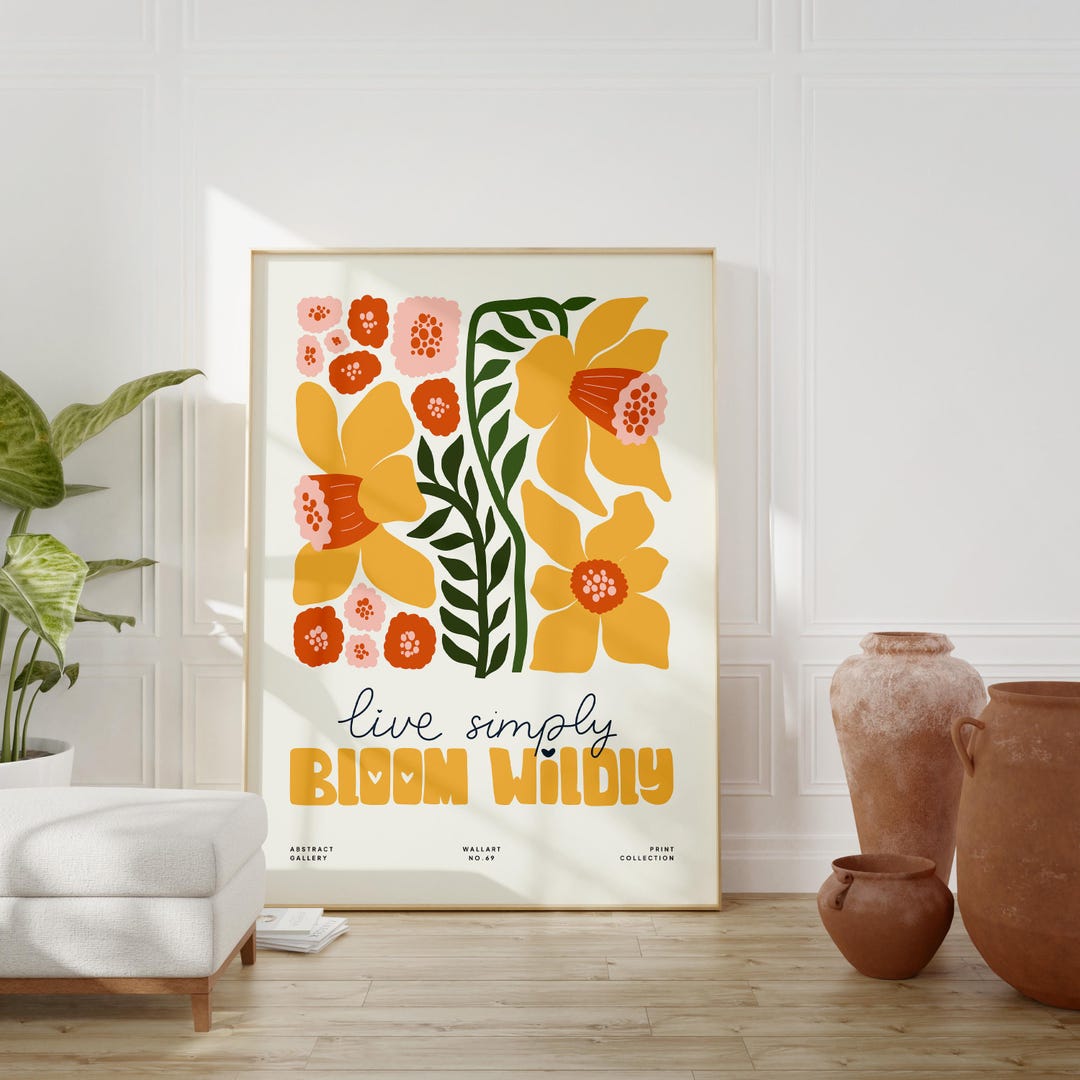 Retro Wildflower Print: Yellow & Orange Floral Wall Art (digital ...