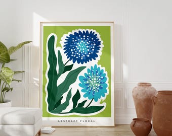 Blue Green Floral Art Print: Abstract Botanical Wall Decor (Digital Download)