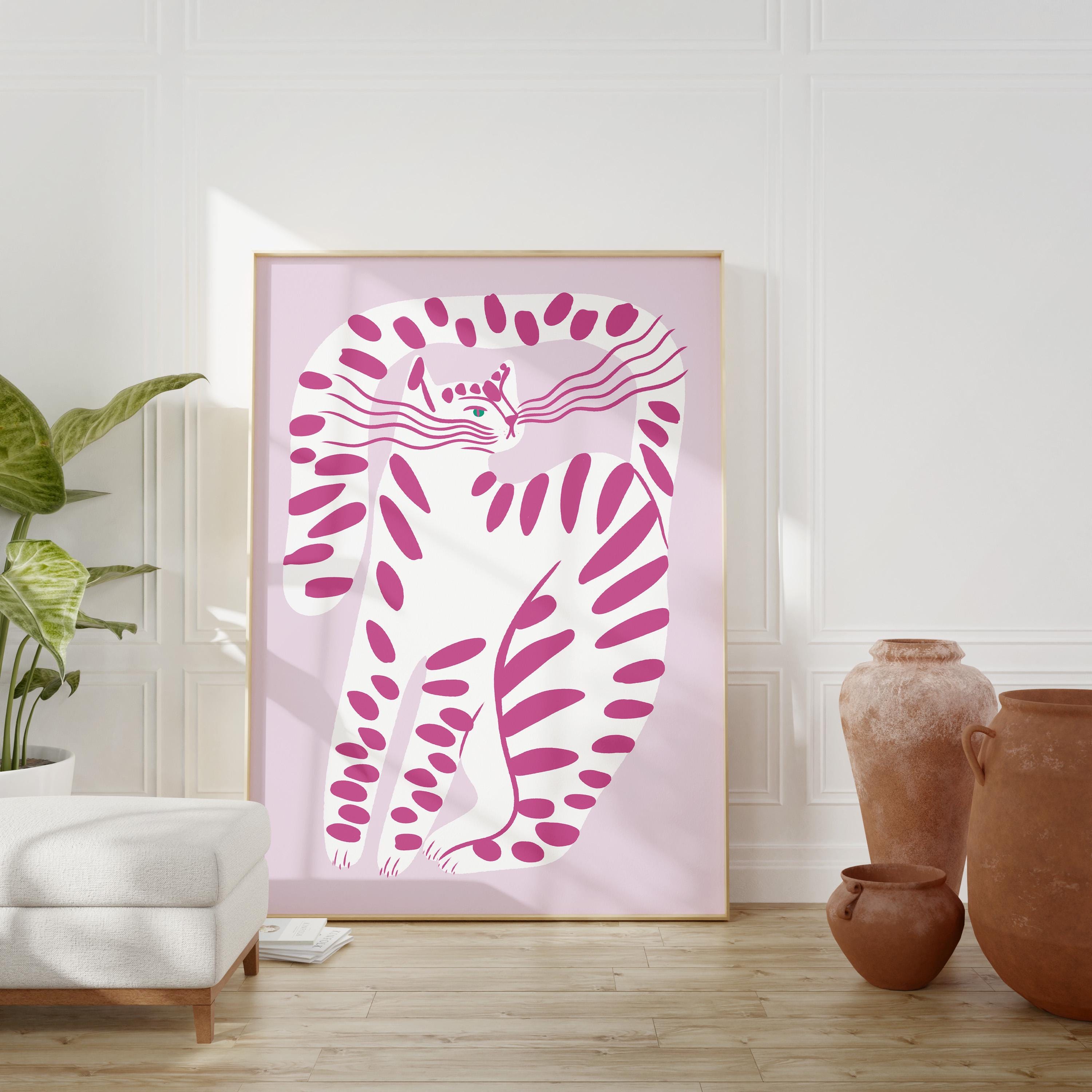 Pink Cat Wall Art, Modern Feline Print, Minimalist Animal Poster, Abstract Pet Decor, Playful Kitty Artwork, Aesthetic Cat Illustration