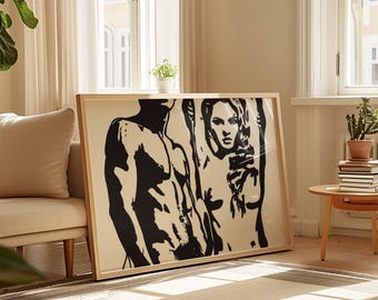 Puede incluir: Una ilustración en blanco y negro enmarcada de una pareja. El hombre está sin camisa y la mujer lleva un vestido. El fondo es de color crema.