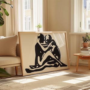Paar Umarmung Druck, männliche und weibliche Silhouette Kunst, moderne abstrakte Kunst, Beige schwarz bedruckbar, Sofort Download Dekor