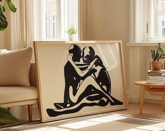 Impresión artística de silueta de pareja abrazándose: Decoración moderna abstracta (descarga digital)