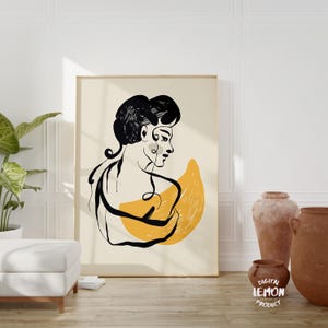 Dibujo de perfil de mujer elegante, impresión artística abstracta moderna femenina, decoración de pared minimalista con acento amarillo