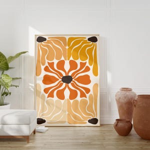 Retro Flower Wall Art, Boho Abstract Print, Mid Century Modern Poster, Burnt Orange Art Print, Aesthetic Botanical Decor, Minimal Floral Art