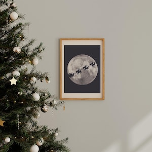 Santa Sleigh Moon Wall Art, Christmas Night Decor, Santa and Reindeer Silhouette Print, Holiday Minimalist Art, Festive Wall Decor Printable