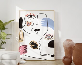 Impresión abstracta de caras de amor: Arte lineal minimalista de pareja (descarga digital)