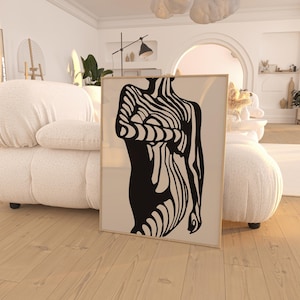 Impresión de figura femenina, arte mural de silueta femenina, arte lineal abstracto moderno, imprimible en beige y negro, decoración de descarga instantánea