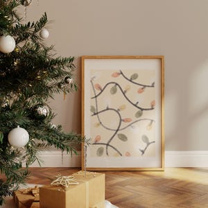 華やかなクリスマス ライト ウォール アート、水彩画のホリデー プリント、心地よい季節の装飾、カラフルなクリスマス ライト アート、印刷可能な壁装飾