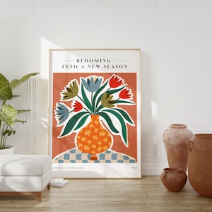 Arte de pared con jarrón floreciente, arte floral imprimible, obra de arte botánica digital, póster de decoración moderna para el hogar