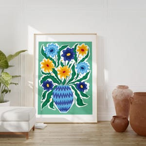 Arte de pared imprimible con flores en jarrones de colores, impresión digital floral verde y azul, arte botánico bohemio, póster de descarga instantánea