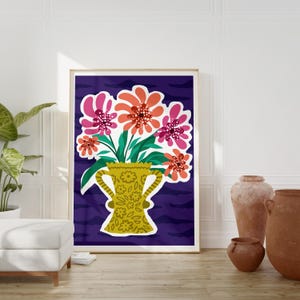 Arte de pared con jarrón floral vibrante, póster imprimible de primavera colorida, arte floral abstracto para decoración bohemia, descarga de arte imprimible para sala de estar