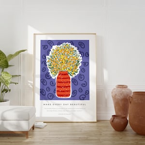 Arte de pared imprimible de moda, obra de arte de jarrón floral amarillo vibrante, impresión digital botánica moderna, póster de descarga instantánea