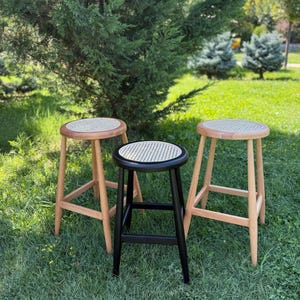 Customizable Handmade Wooden Bar Stool with Rattan Seat – Natural Wood & Black Finish