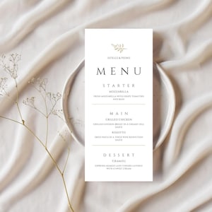 Menù di nozze con dettagli floreali dorati / Menù per la cena di nozze con testo moderno / Stampabile / Download digitale / Menù per la cena di ricevimento / Modificabile /
