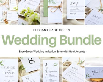 Sage Green Wedding Invitation Template, Greenery Design, RSVP, Table Numbers, Place Cards, Details & Menu Card with QR Code