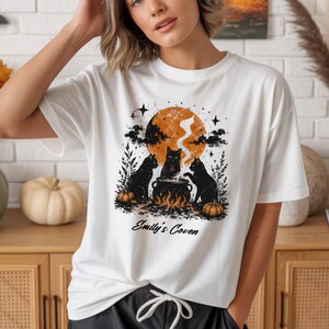 Personalized Black Cat Halloween Shirt, Custom Witchy Cat Coven Tee, Custom Girls Halloween Shirt, Spooky Season Tee, Personalized Witch Tee