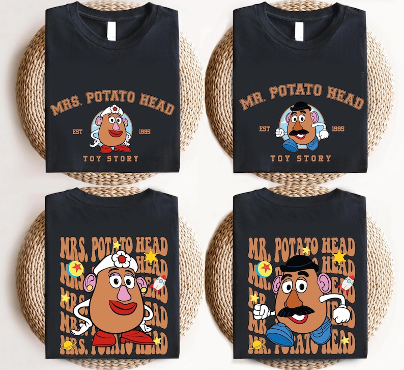 four black t-shirts with the same design featuring the characters from the animated television series "Mr. Potato Head".