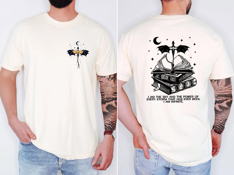 The image is a collage of two photos of a man wearing a white t-shirt with a dragon and a book design on the back.