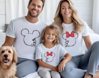 Minnie and Mickey Sketch T-shirt, Minnie Mickey Mouse Ears Couple Tees, Matching Disneyworld Trip Family Shirts