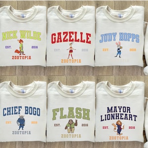 Zootopia Varsity Sweaters, Matching Nick Wilde Judy Hopps Gazelle Flash Mayor Lionheart Chief Bogo Mr Big Zootopia Movie Group Crewnecks image 1