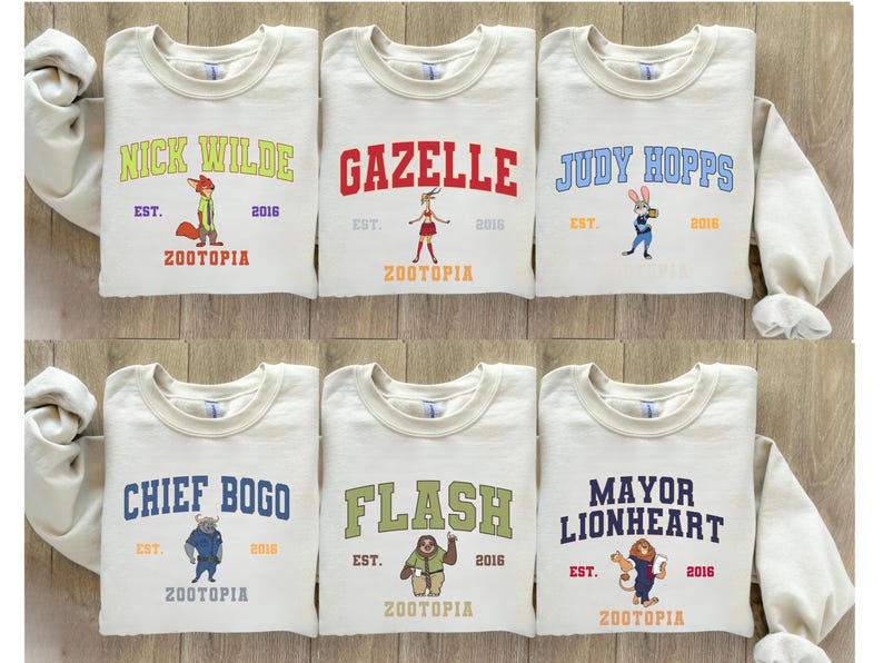 Zootopia Varsity Sweaters, Matching Nick Wilde Judy Hopps Gazelle Flash Mayor Lionheart Chief Bogo Mr Big Zootopia Movie Group Crewnecks image 1
