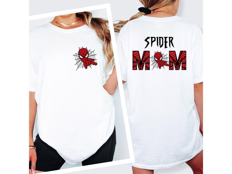 A white t-shirt with a Spider-Man design and the text "SPIDER MOM" printed on the back.