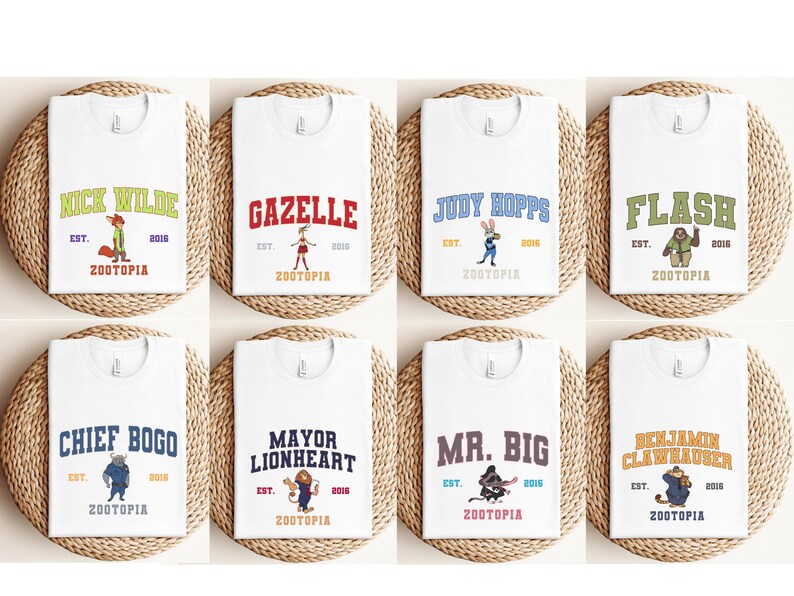 Zootopia Varsity Shirts, Matching Nick Wilde Gazelle Judy Hopps Flash Mayor Lionheart Mr Big Chief Bogo Zootopia Movie Group Tees Bild 2