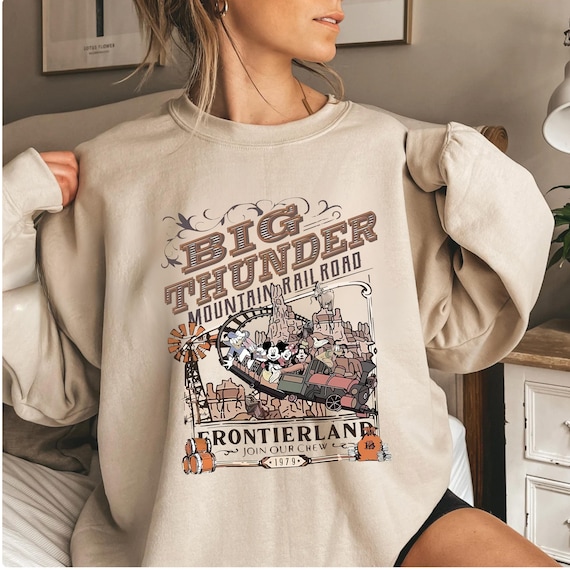 Retro Big Thunder Mountain Railroad Sweater, Disney Mickey And Friends The Wilderness Hoodie, Frontierland Disney Ride Men's Crewnecks
