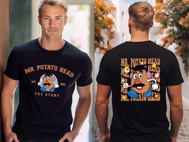 A man wearing a black t-shirt with a graphic of the character Mr. Potato Head from the Toy Story franchise.