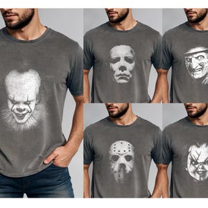 a man wearing a t - shirt with four different faces