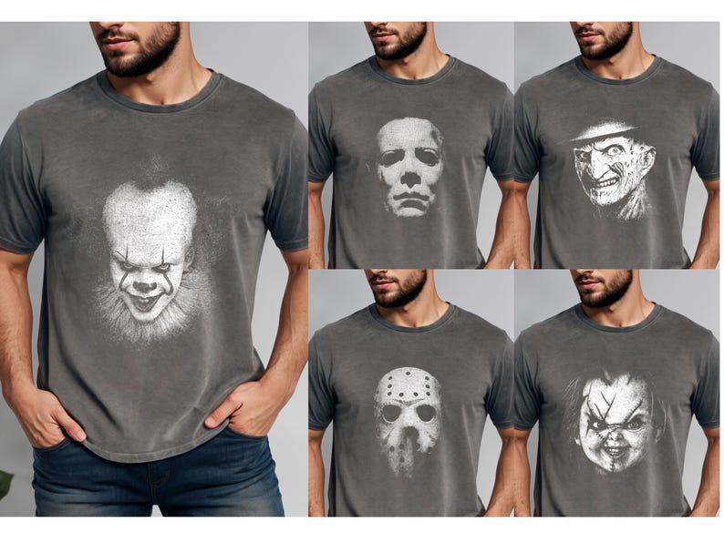 a man wearing a t - shirt with four different faces