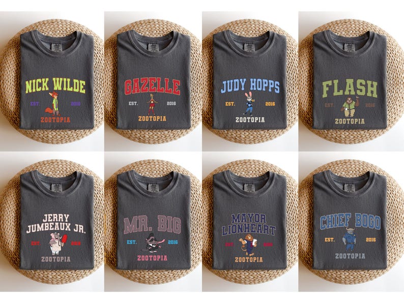 Zootopia Varsity Shirts, Matching Nick Wilde Gazelle Judy Hopps Flash Mayor Lionheart Mr Big Chief Bogo Zootopia Movie Group Tees Bild 1