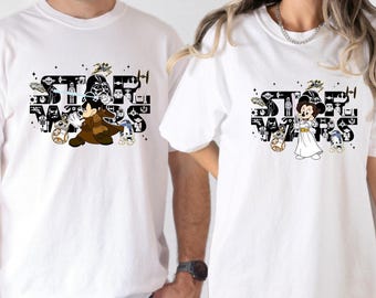 Camiseta de pareja de Mickey y Minnie de Star Wars, camisetas a juego de Leia y Vader de Disneyland, viaje a Galaxy's Edge, camisetas de la película Star Wars para fans, camisetas de fiesta