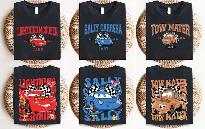 Pixar Cars Party Tees, Piston Cup Lightning Mcqueen Mater Sally Doc Hudson Cruz Guido Luigi Matching Group Tees image 1