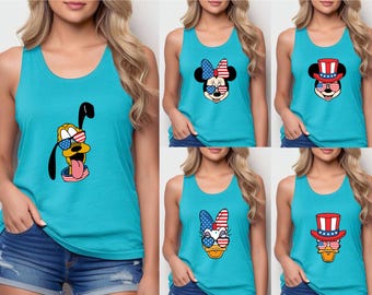 4th Of July Mickey And Friends Racerback Tank, Matching 4th of July American Flag Women's Tanks, Minnie Mickey Goofy Pluto Daisy Donald Tops