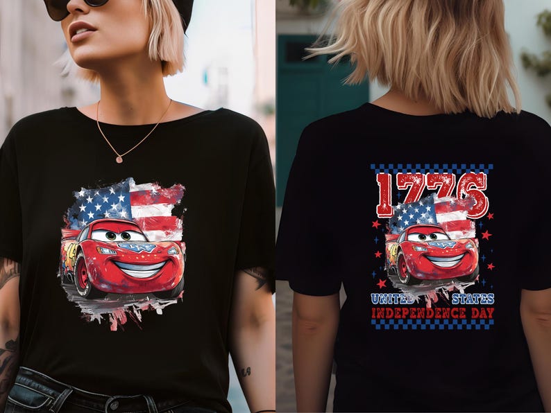 a woman wearing a t - shirt with the american flag on it