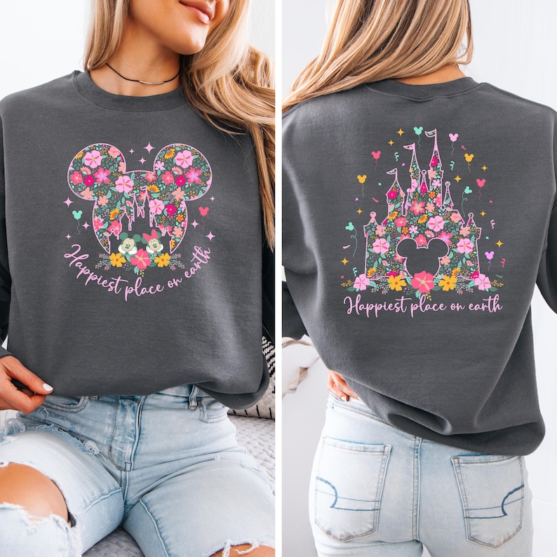 Happiest Place on Earth Sweatshirt, Disneyland Floral Castle Hoodies, Women's Magical Castle Sweater, Disneyland Group Vacation Crewneck bild 1
