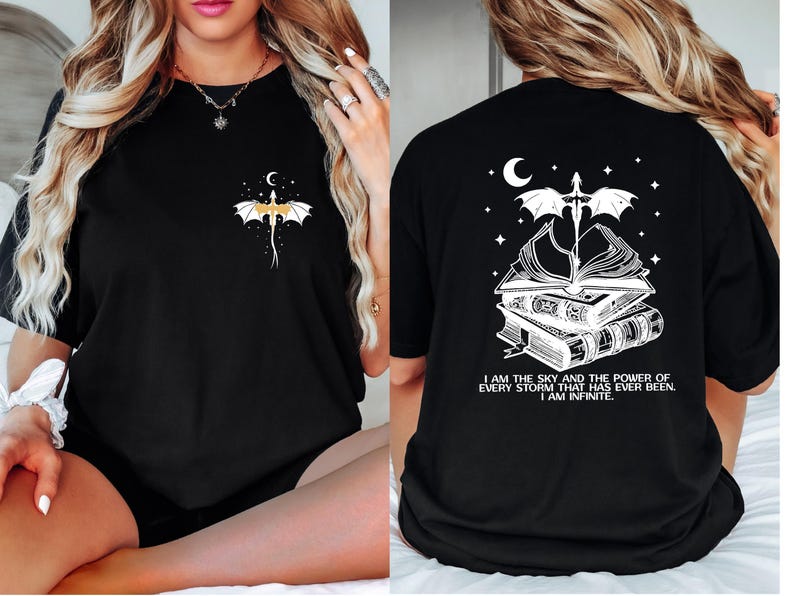 The image is a collage of two photos. In the left photo, a woman with long blonde hair is sitting on a bed, wearing a black t-shirt with a dragon design and a quote on the back. In the right photo, the same woman is sitting on a bed, wearing a black t-shirt with a white dragon design and a quote on the back.