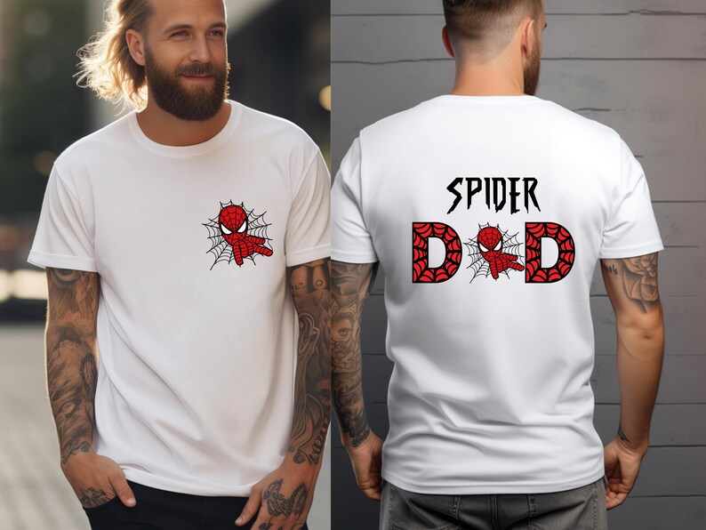 A man wearing a white t-shirt with a Spiderman design and the text "SPIDER DAD" printed on the back.