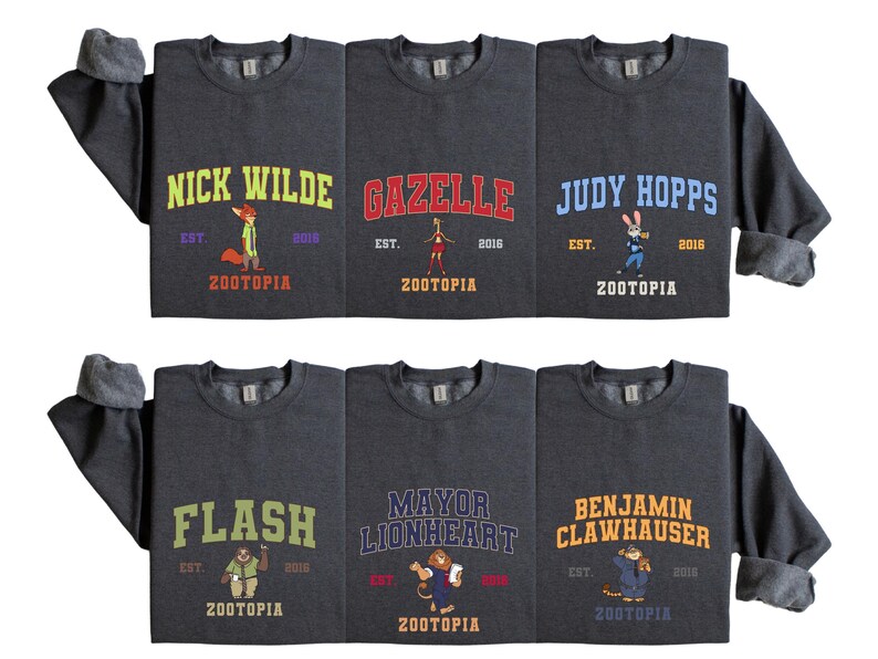 Zootopia Varsity Sweaters, Matching Nick Wilde Judy Hopps Gazelle Flash Mayor Lionheart Chief Bogo Mr Big Zootopia Movie Group Crewnecks image 3