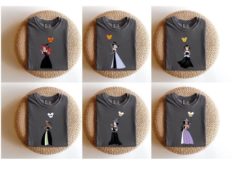 Witch Princesses with Balloons Halloween Shirt, Girls Matching Princess Halloween Tees, Ariel Cinderella Tiana Belle Elsa Jasmine Party Tees image 3