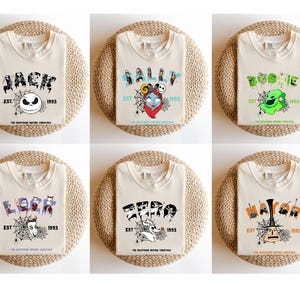 four pictures of a white shirt with cartoon characters on it