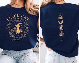 Black Cat Apothecary Sweater, Spooky Witch Cat Halloween Hoodie, Halloween Party Sweaters, Women Black Cat Crewnecks, Witchy Vibes