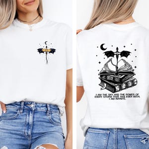 The image is a collage of two photos of a woman wearing a white t-shirt with a dragon design and a quote on the back.