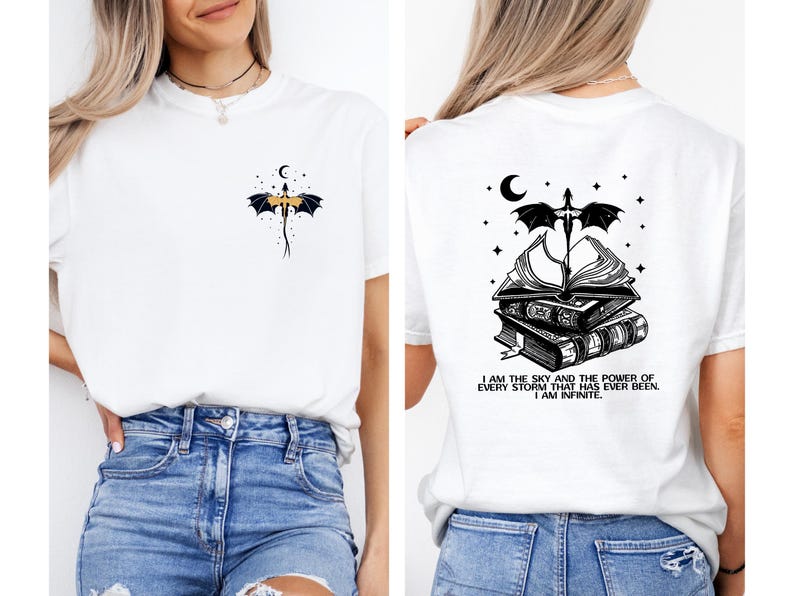 The image is a collage of two photos of a woman wearing a white t-shirt with a dragon design and a quote on the back.